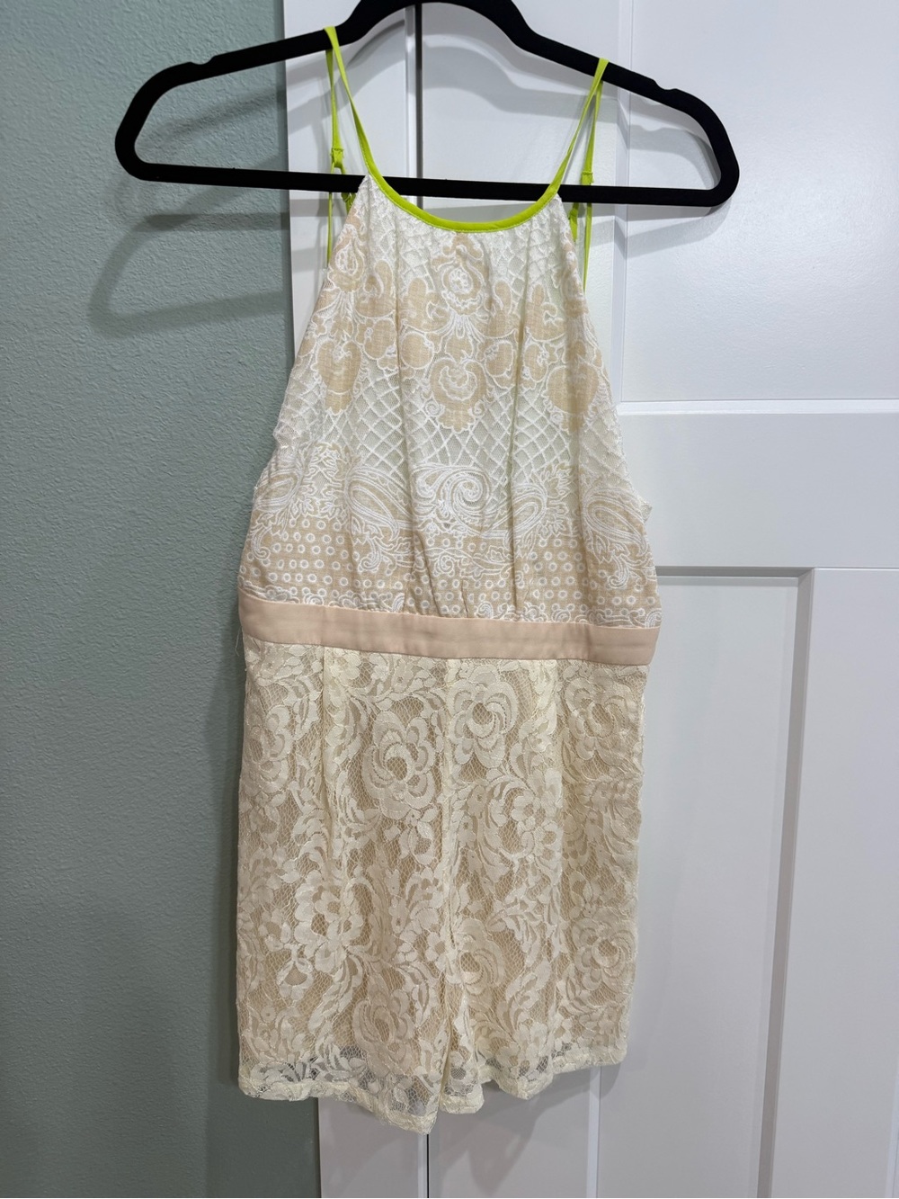 Jealous Tomato Cream Lace Romper with Neon Lime Straps